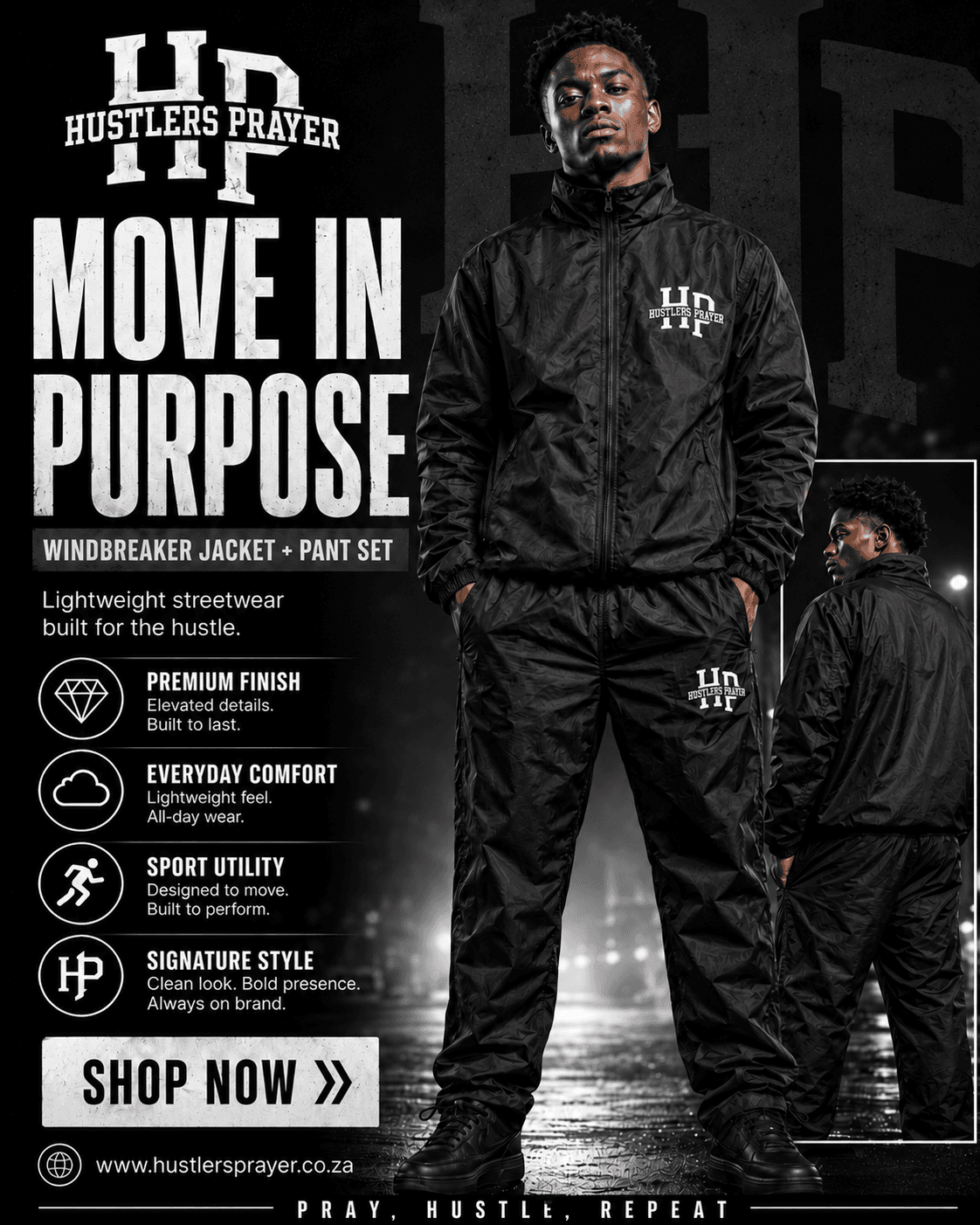Hustlers Prayer windbreaker campaign advert